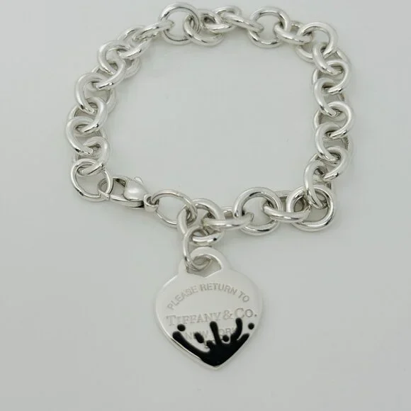 Large Please Return to Tiffany Black Color Splash Enamel Heart Tag Bracelet - Picture 2 of 8